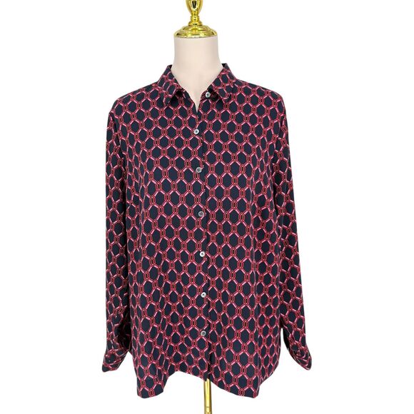 J. Jill Button Up Long Sleeve Top LARGE Blue Wearever Blouse Geometric Chain NWT - Picture 2 of 11